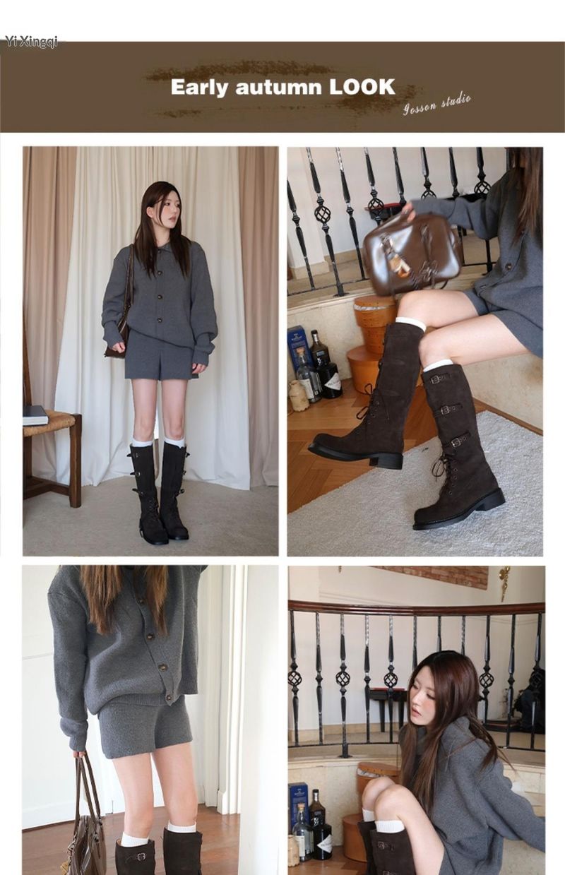 Voyage Rindsleder-Version ~ Lange Stiefel aus echtem Leder für Damen, neuer Herbst- und Winterstil, Schnürstiefel mit hohem Schaft, eckige Zehenschnalle_voghion.com