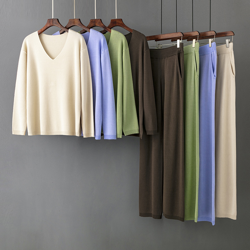 Set da donna in seta di ghiaccio tinta unita con scollo a V, set di due pezzi maglione casual sciolto a vita alta_voghion.com