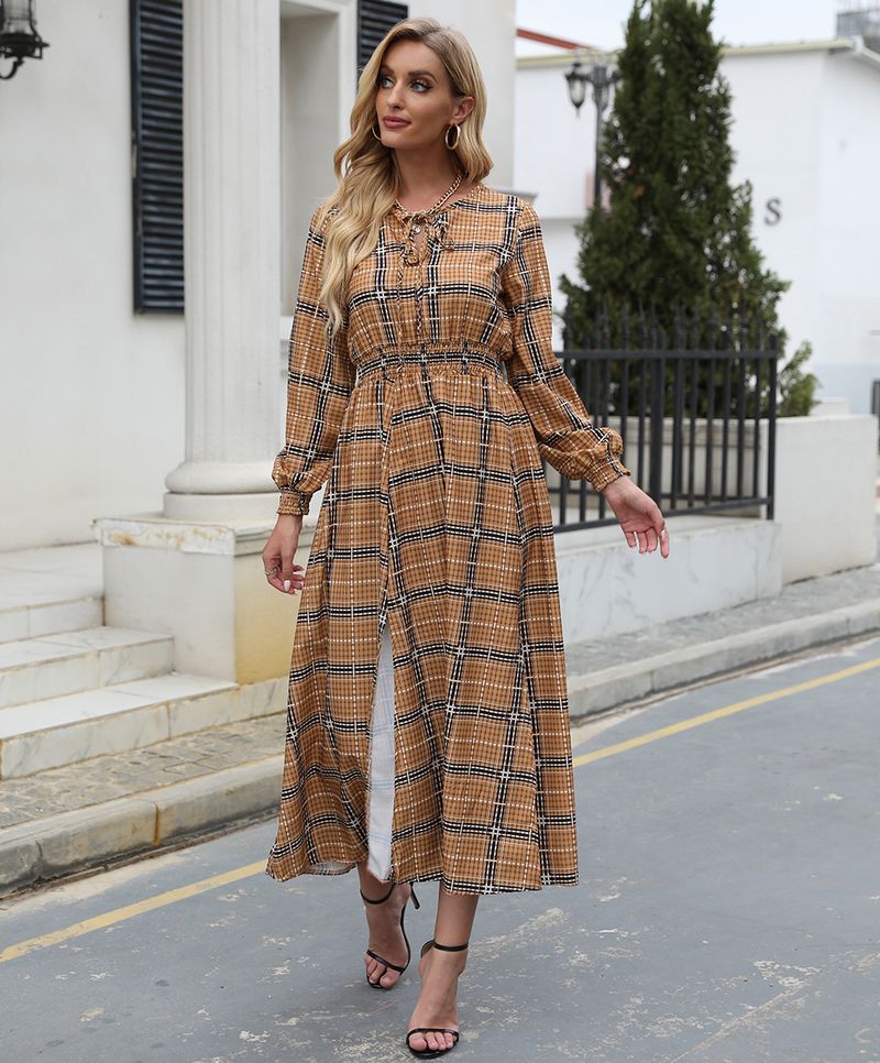 Autumn/Winter Women's Checkered Waist Split Mid Length Long Sleeved Dress_voghion.com
