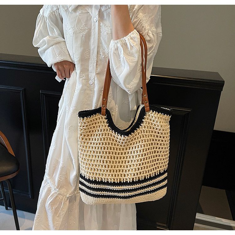 Borsa di paglia Borsa intrecciata Borsa di cotone intrecciata Borsa a tracolla a rete cava da donna Grande capacità Borsa da spiaggia per le vacanze al mare_voghion.com