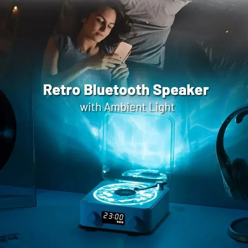 Waves Vinyl Player Bluetooth-Speaker With White Noise Retro Turntable Speaker Sleep Aid Vitrola Shaped Speaker With RGB Light_voghion.com