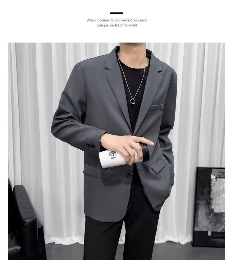 Lässiges Anzug-Set für Herren mit überschnittenen Schultern, langärmligem T-Shirt und stylischem Blazer – Slim Fit, koreanisch inspiriertes Trend-Outfit für den Herbst_voghion.com