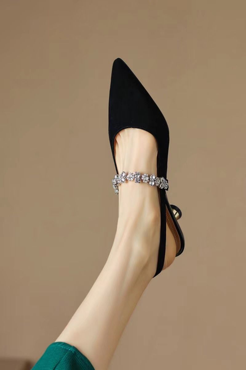 Frühling Sommer Neue französische Strass-Leder-Silber-Low-Top-Backless Mary Jane Kleine High Heel Closed Toe Schuhe Modisch und exquisit_voghion.com