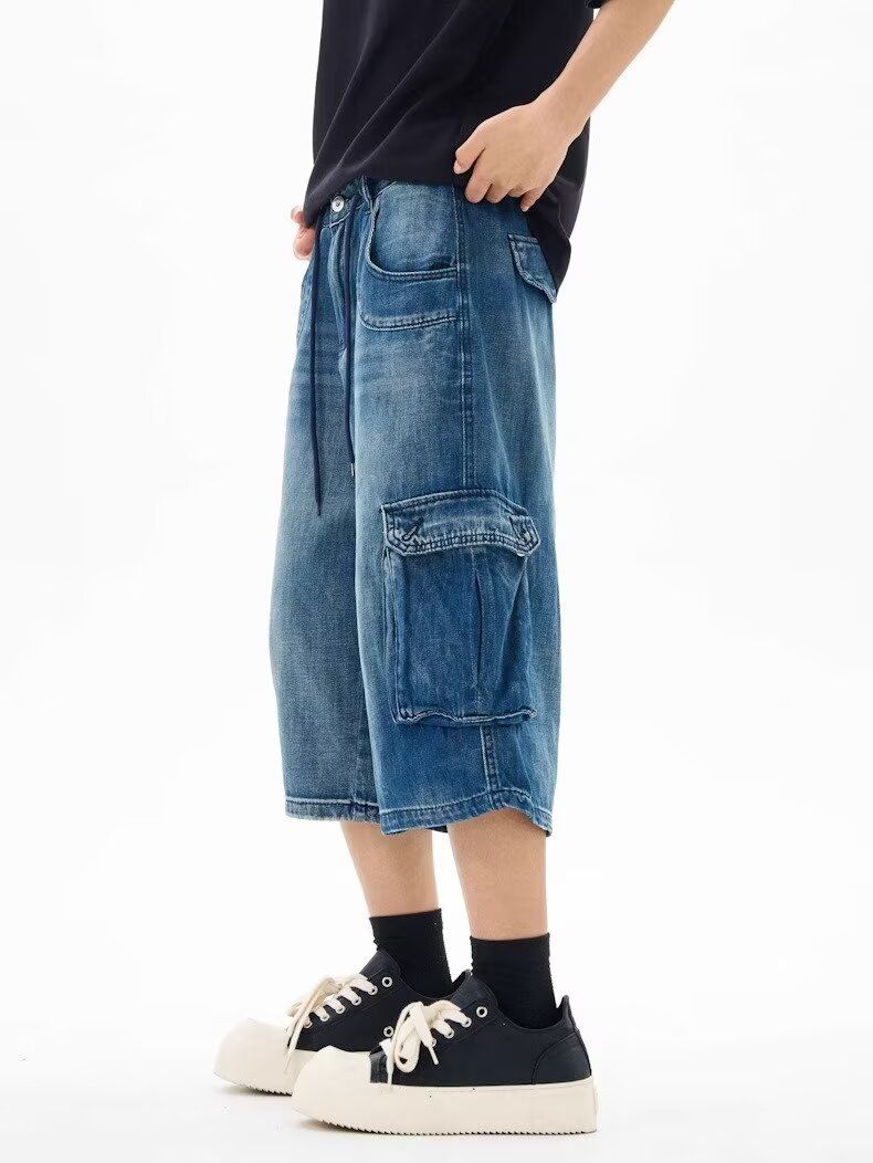 Summer New American Style Loose Fit Three-Dimensional Pocket Capri Pants Unisex Cargo Denim Shorts Versatile Slimming_voghion.com