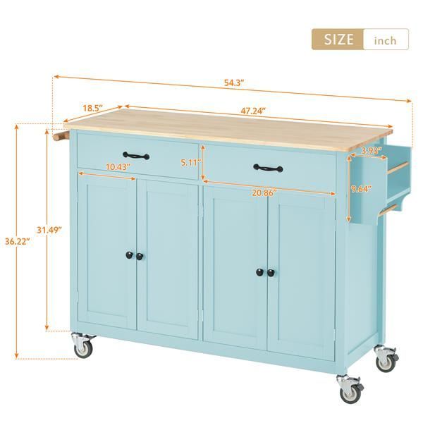 Kitchen Island Cart With 4 Door Cabinet And Two Drawers And 2 Locking Wheels - Solid Wood Top, Adjustable Shelves, Spice & Towel Rack(Mint Green_voghion.com