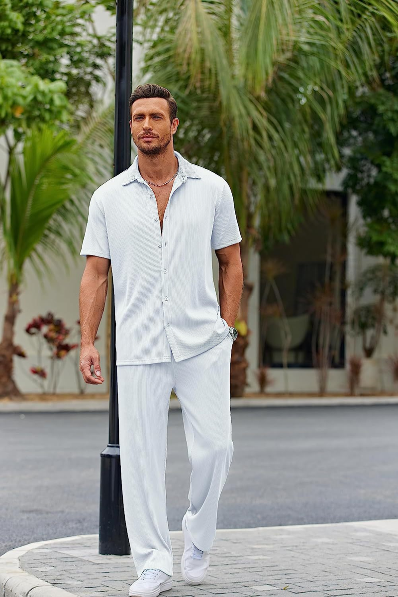 Calças compridas de manga curta de cor sólida masculina nova solta conjunto casual_voghion.com