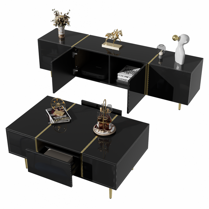 Ensemble meuble TV et table basse noir brillant moderne_voghion.com