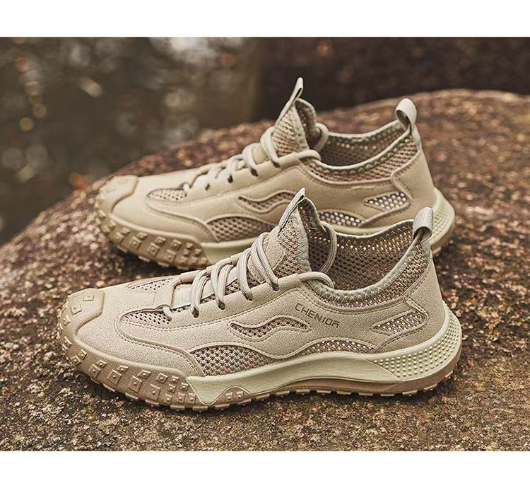 Tênis masculinos de malha respirável – calçados leves de verão para uso casual, trabalho e tênis (cáqui/cinza)_voghion.com