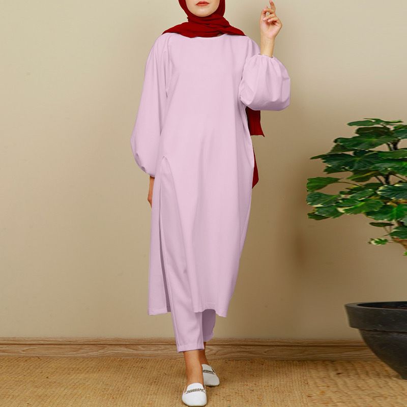Verve 2025 New Muslim Comfortable Casual Solid Color Sleeve Round Neck Split Long Pants Set_voghion.com