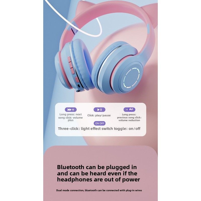 Yavaşça Renk Değiştiren Aydınlatmalı Bluetooth Kulaklık Kedi Kulaklığı BT035 E-spor Canlı Yayın Sunucusu Oyun Kulaklığı_voghion.com