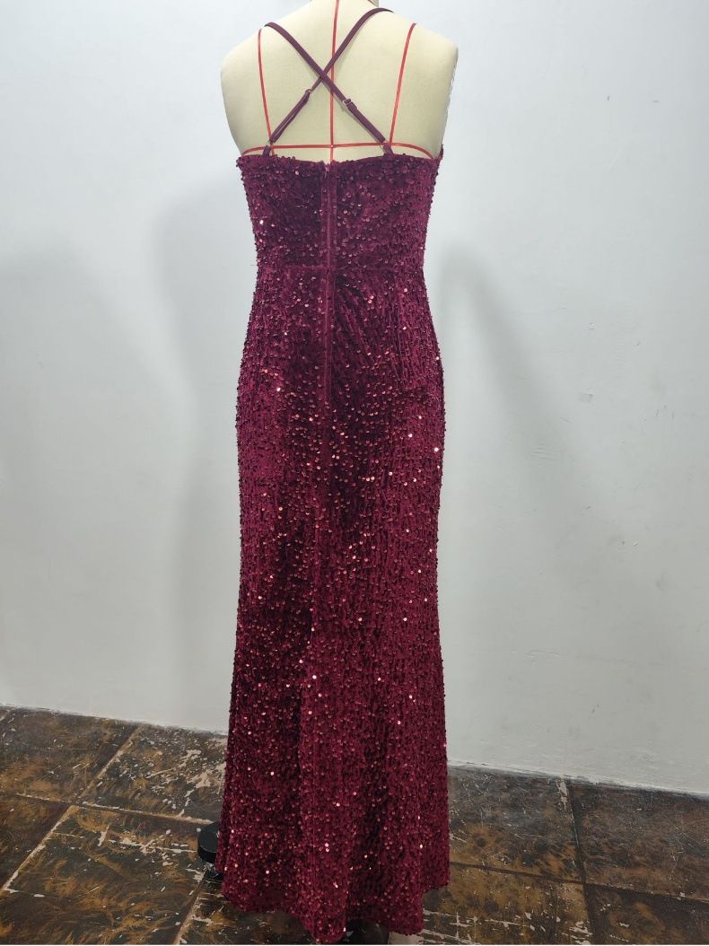 Robe à bretelles élégante à sequins pour femme – Décolleté en cœur et ourlet queue-de-pie (Rouge/Bleu, S-XXL)_voghion.com