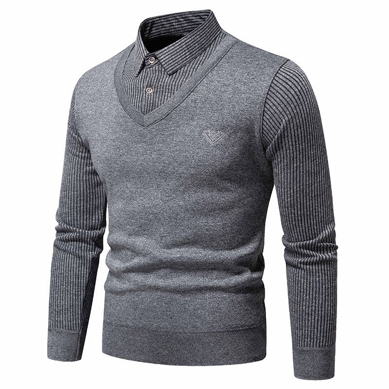 Herbst Winter neuer gestrickter Herrenpullover mit Slim Fit und Plüsch-Zweiteiler mit Hemdkragen_voghion.com