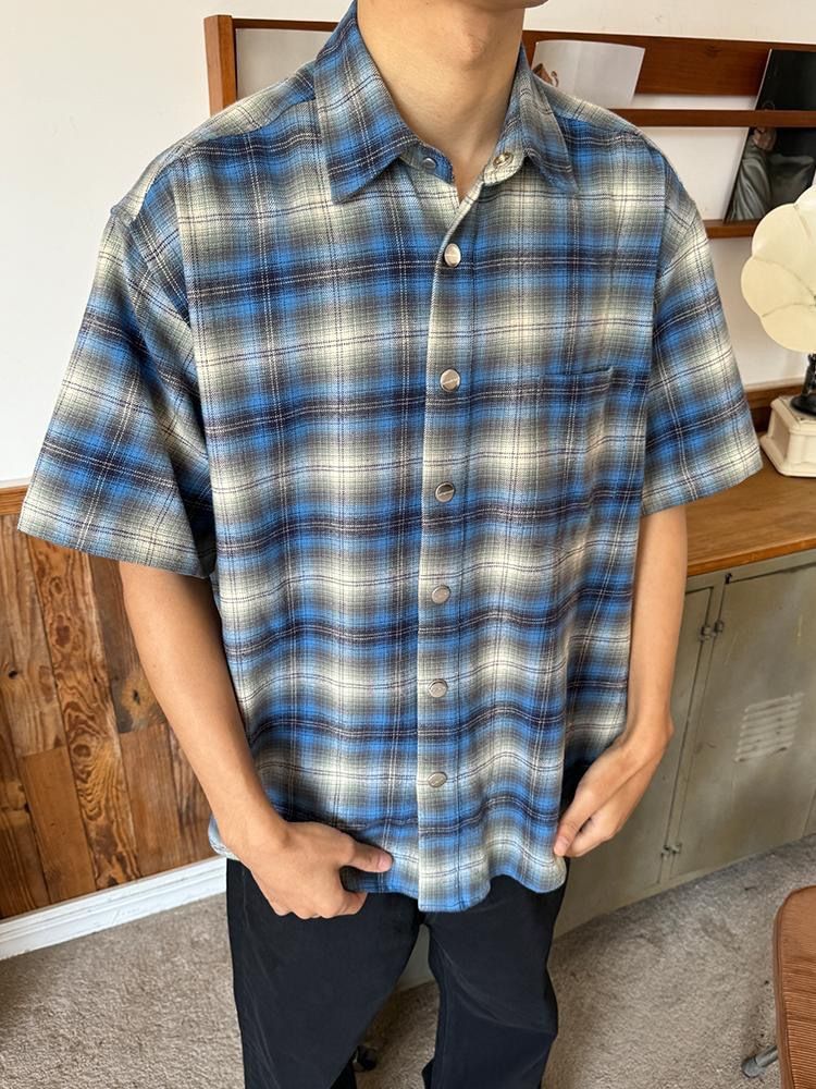 Flanell Blau Kariertes Kurzarmhemd Herren Sommer Kariertes Hemd Jacke_voghion.com