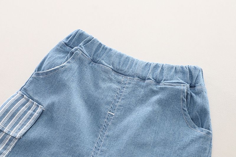Grenzüberschreitender Außenhandel Kinderkleidung Jungenanzug Sommer Neu Gestreiftes, farblich passendes Jeanshemd Bequemer Anzug mit kurzen Ärmeln und Shorts_voghion.com