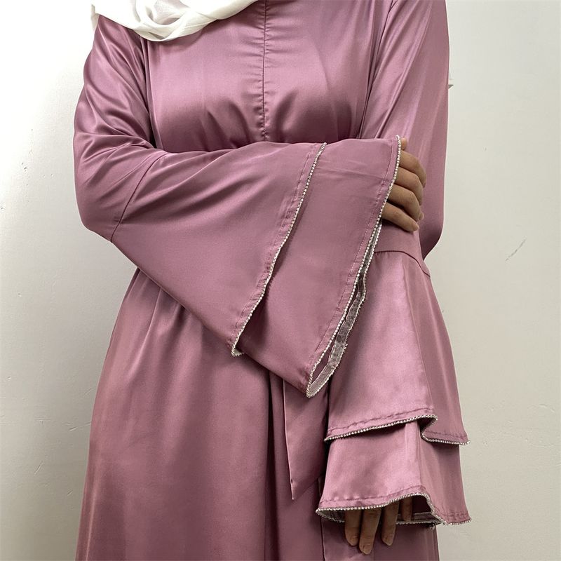 Yeni Saten Müslüman Kadın Elbisesi Çift Çan Kollu Abaya Lüks Dubai Elmas Uzun Elbise Etek Ucu Eklemeli Kaftan Faslı Kadın Zarif_voghion.com