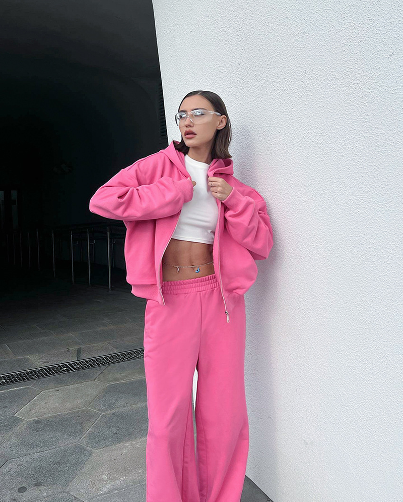 Sweat à capuche à la mode pour femmes, ensemble deux pièces en molleton rose et pantalon à capuche_voghion.com