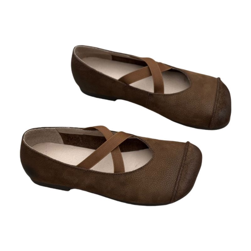 Artistic Forest Style Genuine Women's 2025 Spring Summer Handmade Square Toe Flat Cross Strap Mary Jane Soft Leather_voghion.com