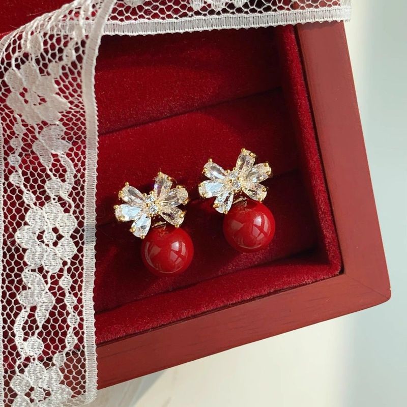 Festive Red Bow Bead Stud Earrings Niche Retro Temperament Earrings_voghion.com