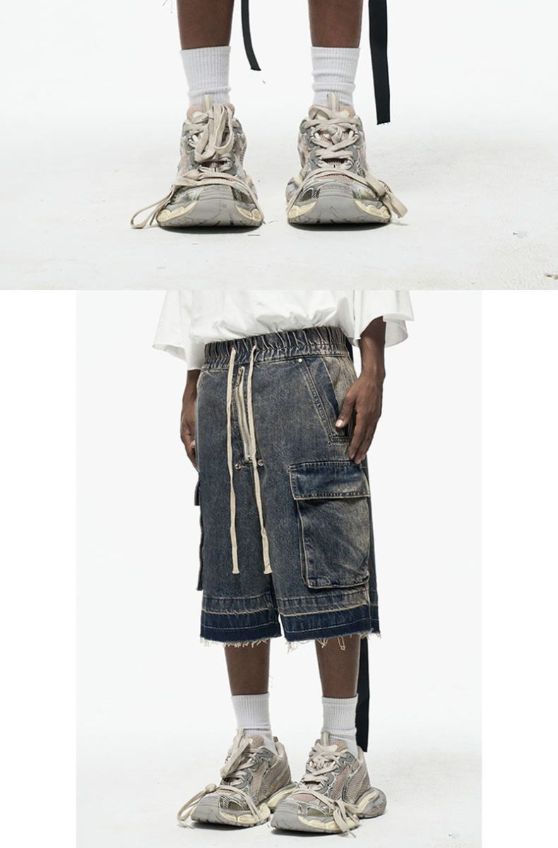 Men's Distressed Cargo Denim Shorts With Drawstring Waist & Multi-Pockets – High Street Style Loose Fit Mid-Length Casual Shorts_voghion.com