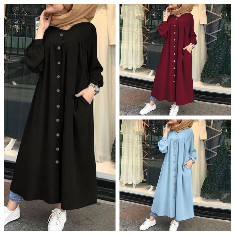 2023 herbst Muslimischen Langarm Plus Größe frauen Rundhals Tasche Pendeln Casual Robe Hemd Kleid Lange Stil_voghion.com