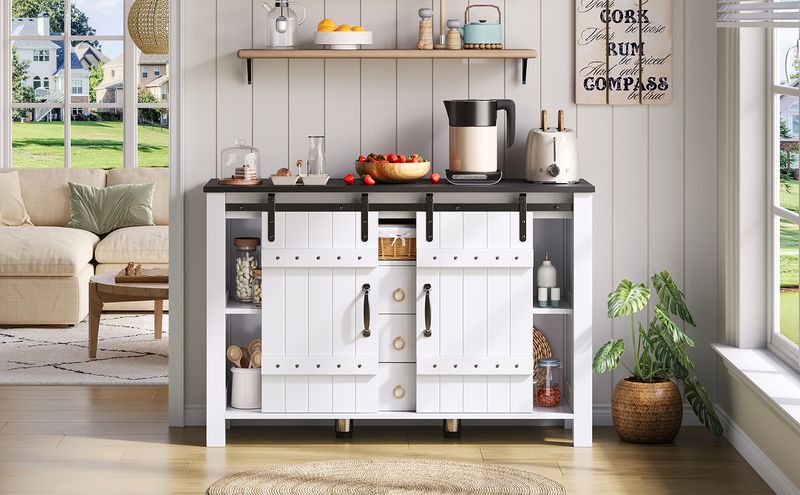 Buffetschrank Bianco 120cm Con Schiebetüren, 3 Schubladen, Rustikaler Holzstil_voghion.com