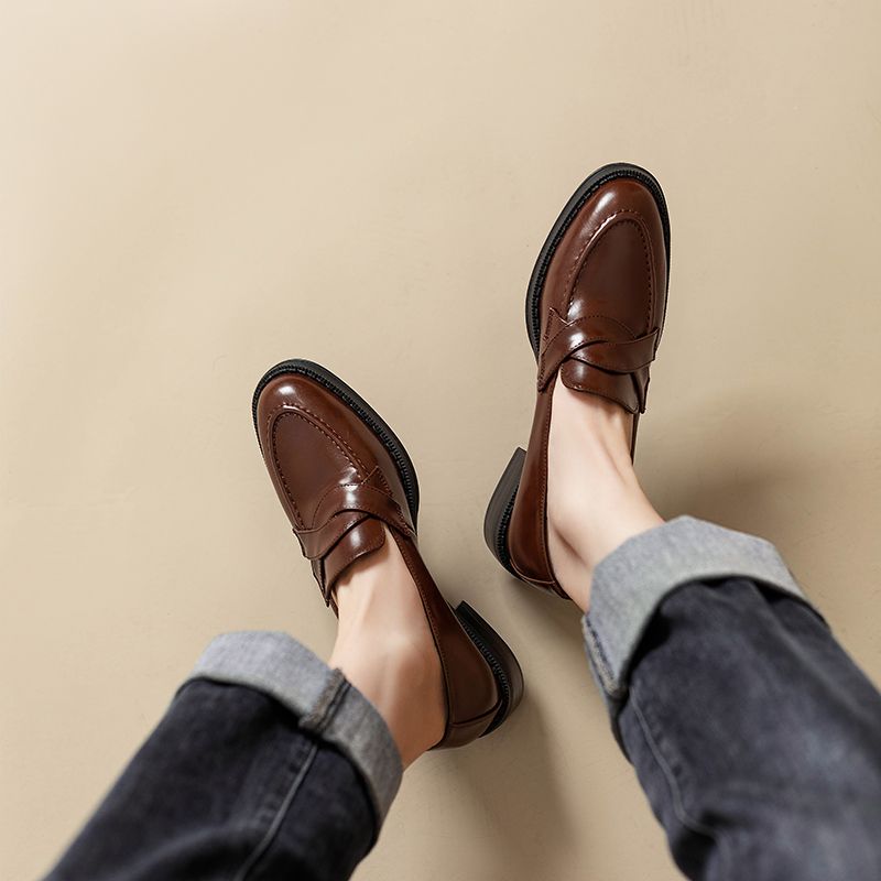 Slipper im Retro-Stil im britischen Stil für Damen, Preppy Commuter, vielseitig einsetzbar, kleines echtes Leder, runde Zehenpartie, klobiger Absatz_voghion.com