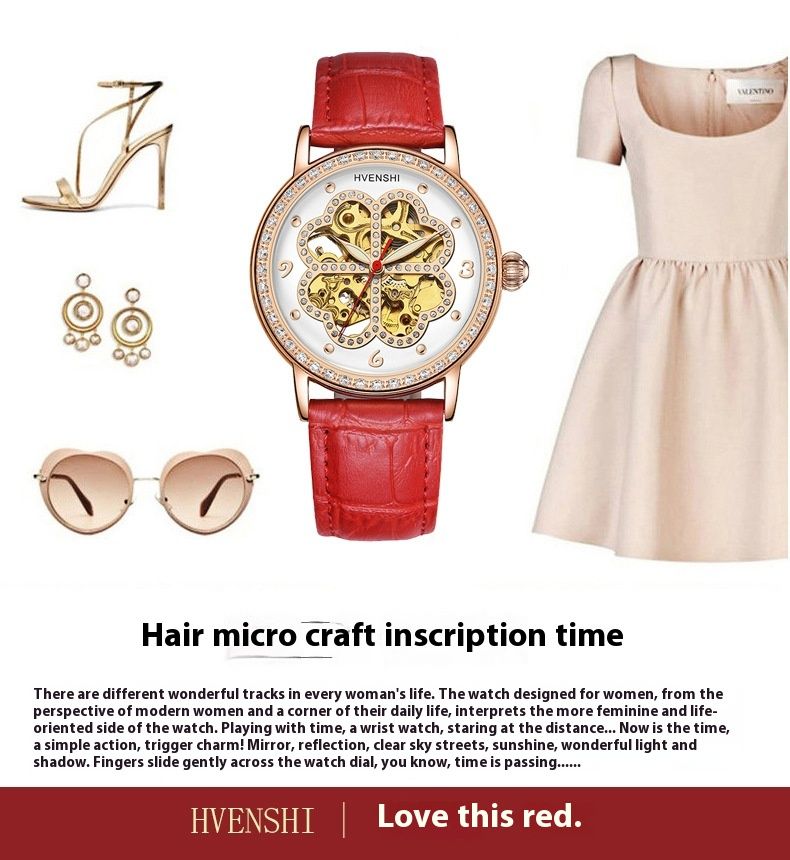 Huangshi Brand Women's Fully Automatic Mechanical Night Glow Diamond dial Fashion Clover Watch_voghion.com
