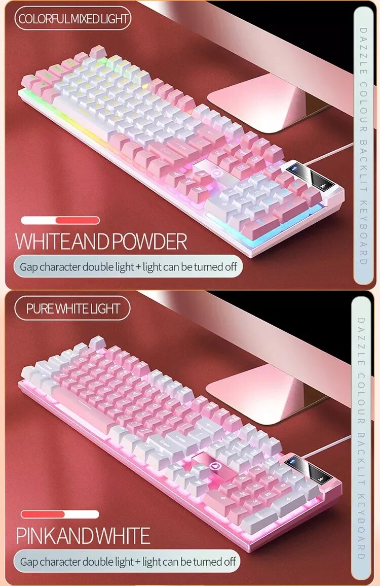 K500 Mixed Color White Pink Keycaps 104 Keys Wired Gaming Keyboard For Laptop PC_voghion.com