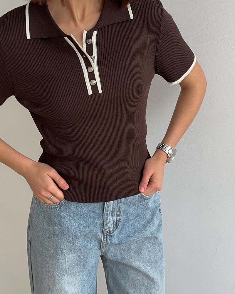 Maglione a maniche corte con risvolto, aderente e a contrasto di colore, da donna, New Thread_voghion.com