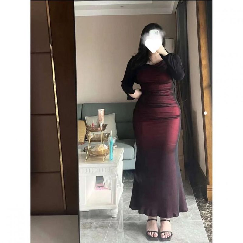 C1I Set 100kg Strap Mermaid Dress Plus Size Pure Desire Sexy Ruched Slimming Long Sleeve Open_voghion.com