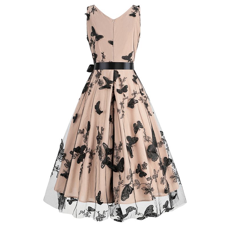 Robe de Noël, Thanksgiving, Halloween, Saint-Valentin, col en V, ceinture, sans manches, motif papillon, jupe duveteuse, 8713_voghion.com