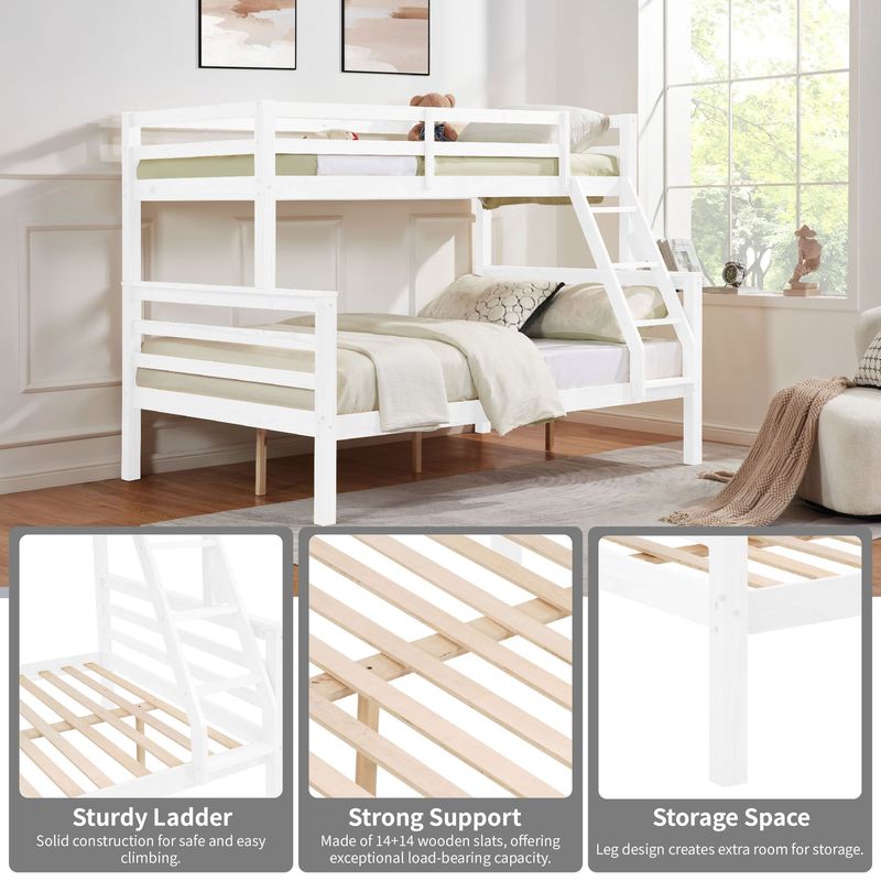 Twin Over Full Bunk Bed With Thick Posts,Wooden Bunk Bed With High Guardrail And Ladder For Kids, Teens, Dorm Rooms, And Guest Rooms,No Box Spring Needed,White_voghion.com