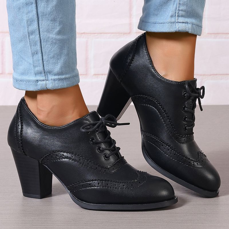 Shliang Britische Frauen Stiefeletten Oxfords High Block Heels Pumps Braunes Leder Runde Zehen Kleid Büro Damen Schnürschuhe Vintage Schuhe Y0125_voghion.com