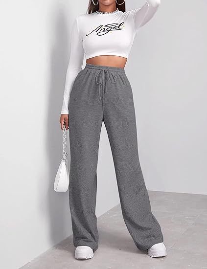 Pantaloni da jogging casual da donna, a vita alta, a gamba larga, con coulisse elastica, comodi pantaloni da salotto per l'uso quotidiano_voghion.com