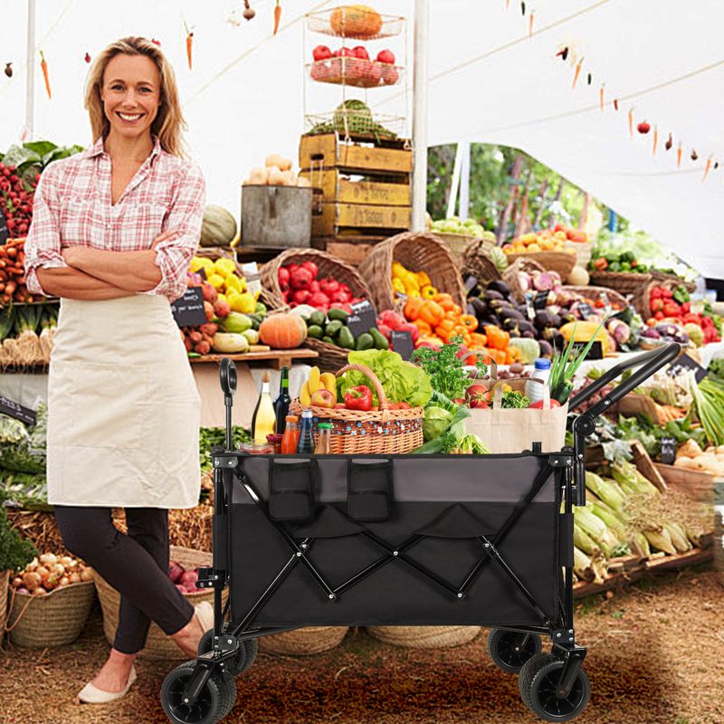 Multi-Functional Push-Pull Folding Wagon Cart With Rotating Handle & 360° All-Terrain Wheels – Heavy-Duty, Adjustable Design, Large Capacity For Transport, Groceries, And Outdoor Use, Black- Gray_voghion.com
