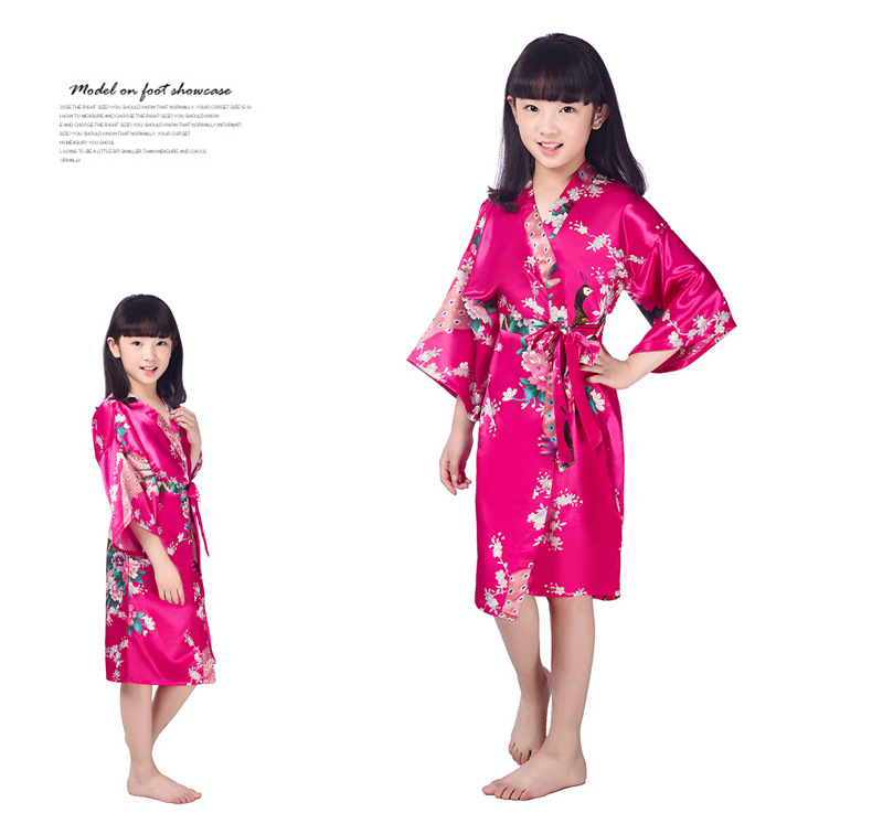 Peacock Peony Printed Children's Nightgown, Summer Girl Long Ice Silk Thin Style, Home Bathrobe Cardigan Design--Size 6 (90-100cm)_voghion.com