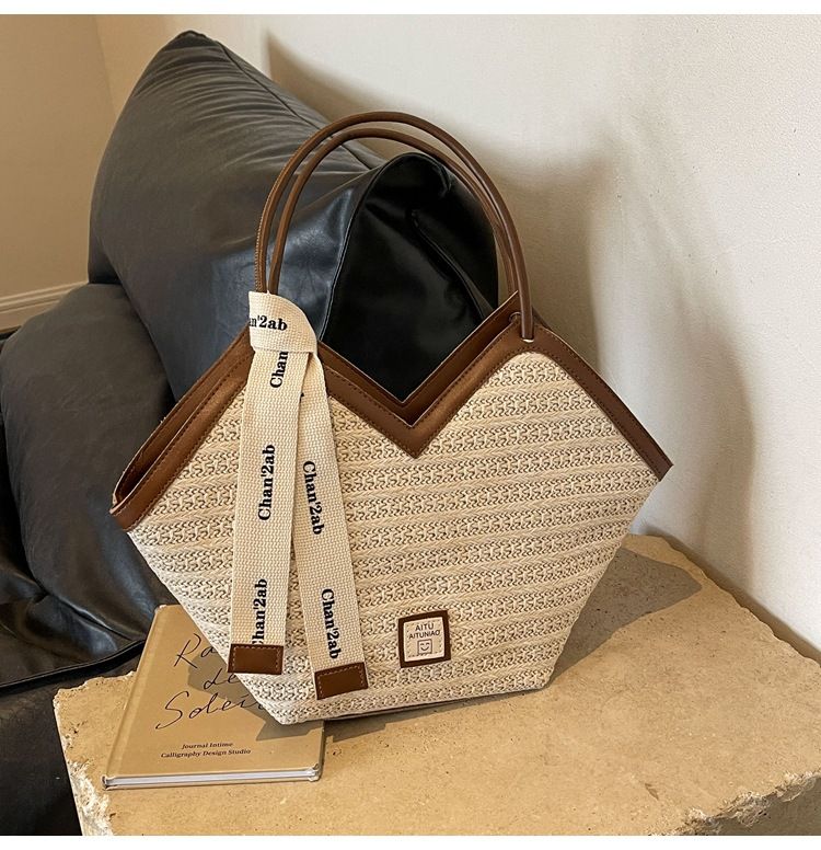 Damen-Einkaufstasche, große Kapazität, gewebte Strohtasche, große Kapazität, Umhängetasche für den Strandurlaub, Pendler-Einkaufstasche_voghion.com