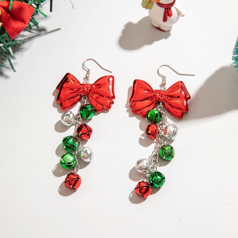 Christmas Jingle Bell Earrings - Red Bow Dangle Earrings With Multi-Color Bells, Festive Holiday Jewelry For Women, Christmas Party Statement Accessor_voghion.com