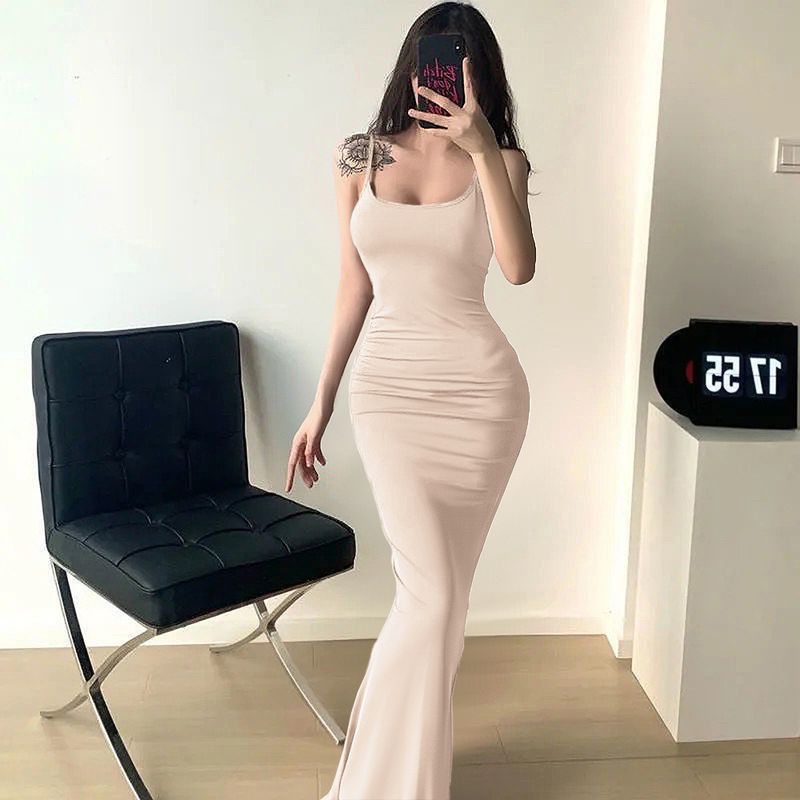Spaghettiträger im französischen Stil für Damen, Sommer, neu, sexy, heißes Mädchen, High-End-Feeling, schmale Passform, figurbetontes langes Kleid_voghion.com