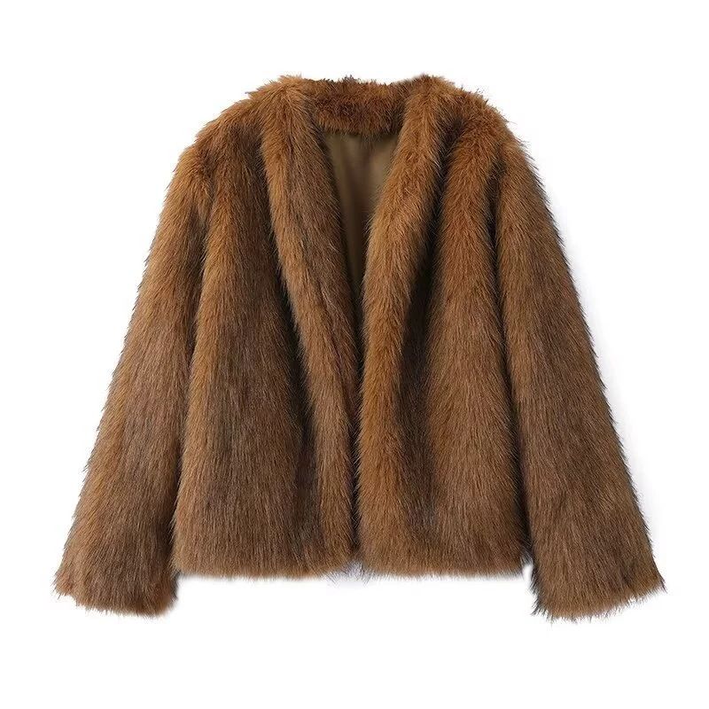 Women's Clothing Winter Faux Fox Fur V-Neck Cardigan With Black Tips – Short Sleeve Elegant Streetwear (Sizes S/M/L)_voghion.com