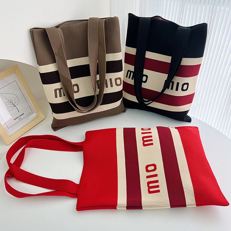 Borsa a mano in maglia fatta a mano da donna, ad alta capacità, a tracolla, coreana, nuova, casual, a righe larghe, a quadri, per studenti, riutilizzabile_voghion.com