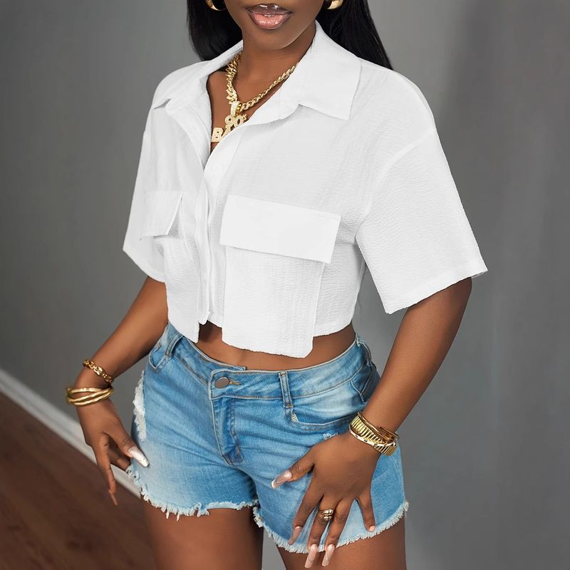 European Size Casual Pocket Solid Color Sleeve Collar Loose Short Drop Shoulder Women's Shirt_voghion.com