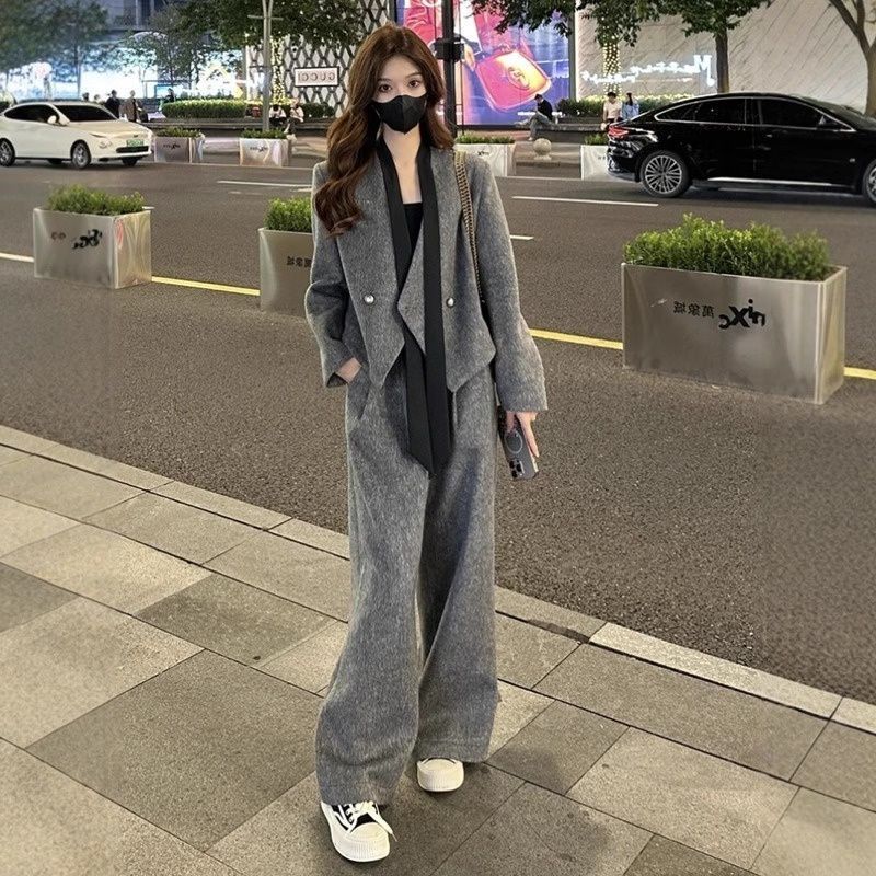 GraceChic Fashion Blazer in lana con nastro, pantaloni casual da donna, autunno inverno, nuovo set due pezzi, stile coreano_voghion.com