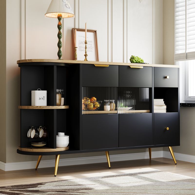 Sideboard Schwarz Mit Glasschiebetüren, LED-Leuchten, Holzanrichte_voghion.com