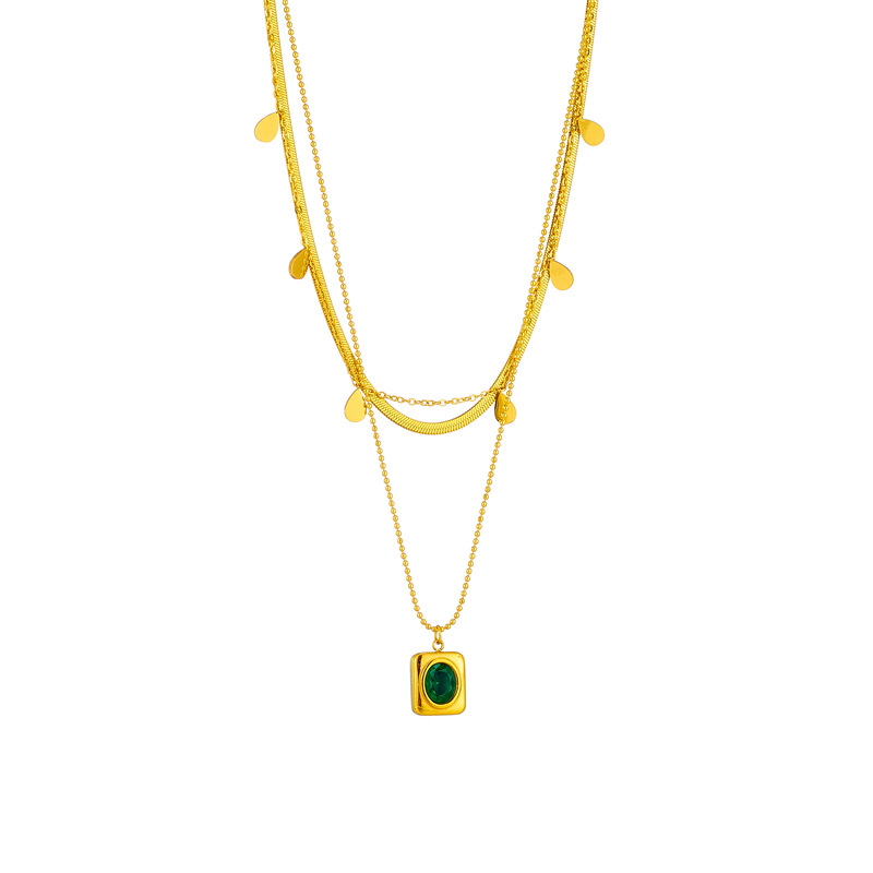French retro emerald multi-layer titanium steel necklace fashionable popular geometric square teardrop clavicle chain_voghion.com