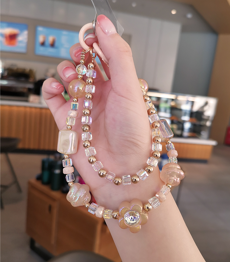 Mobile Phone Lanyard Short Handmad Wrist Bracelet Women's Clip Style Double Chain Crystal Beads Phone Case with Anti_voghion.com