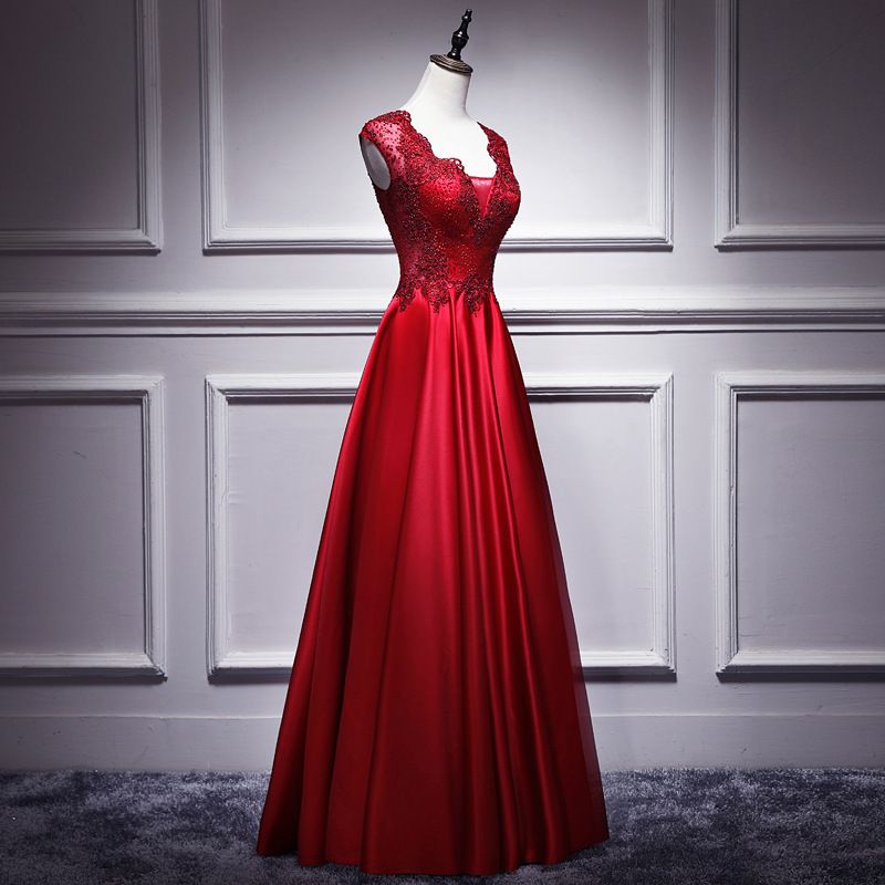 Elegante abito da sera rosso con scollo a V profondo - Abito da sposa a trapezio con corsetto e allacciatura sulla schiena (XS-XXXL, misto chiffon e poliestere)_voghion.com