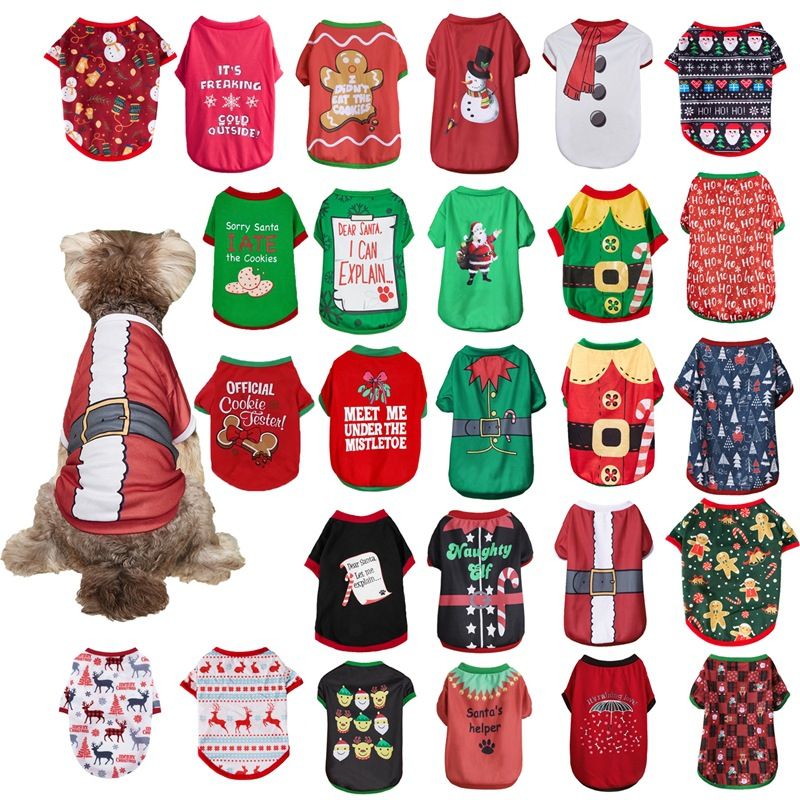 Ubranka dla psa na Boże Narodzenie Święty Mikołaj Czerwony Zielony cienki oddychający T-shirt dla zwierząt Teddy mały szczeniak Sznaucer ubranka dla psa_voghion.com