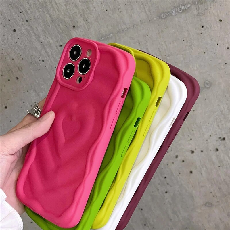 Ins 3D Aşk Kalp Yaz Tatlı Renk Telefon Kılıfı iPhone 14 11 12 13 Pro Max Dalgalı Kenar Yumuşak Silikon Kamera Koruması_voghion.com