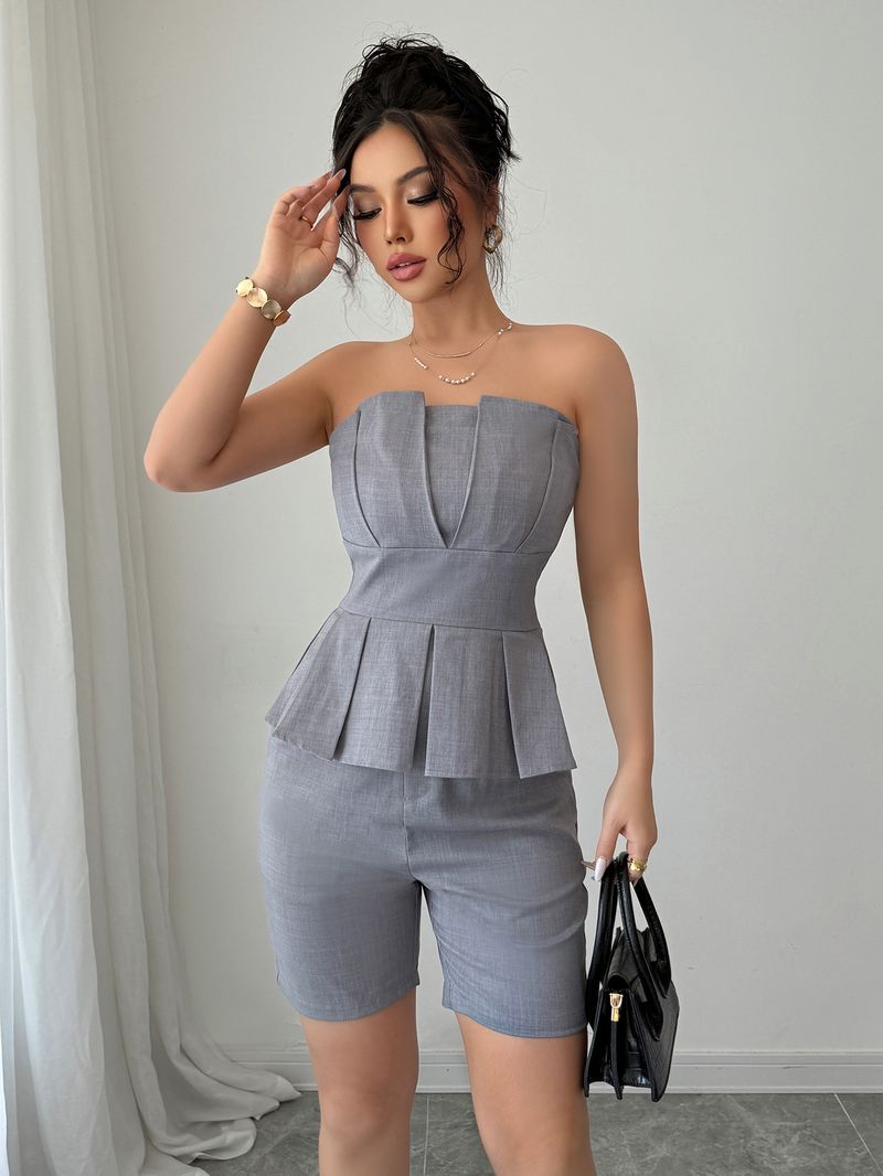 Women's Clothing Casual Simple Tube Top Waist Top Shorts Suit_voghion.com